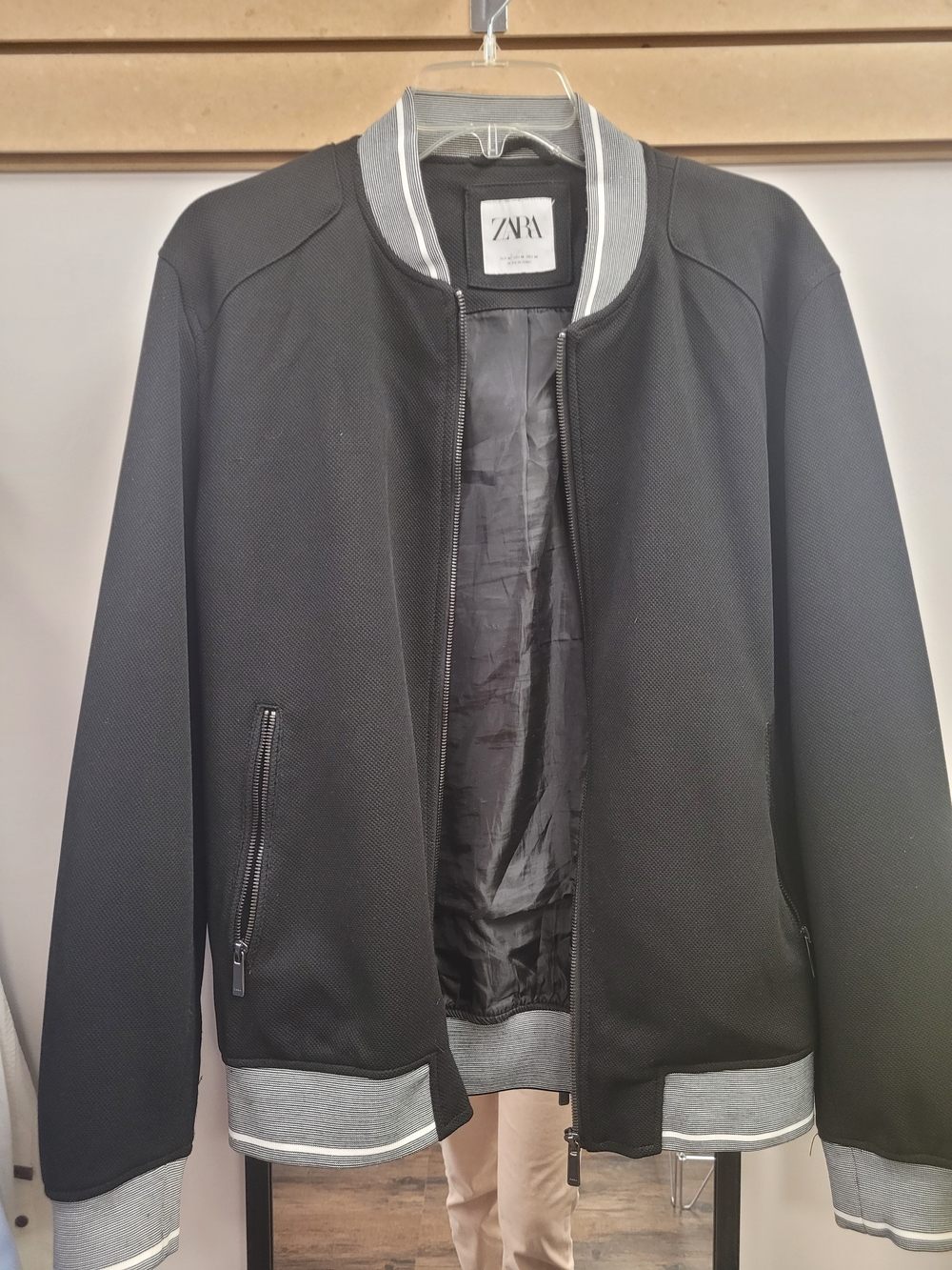ZARA Men's Black Bomber Jacket with Grey Trim
